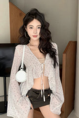 V-Neck Flare Sleeve Floral Pattern Cropped Blouse Shirt