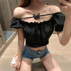 Short Sleeve Butterfly Pattern Sexy Crop Tops