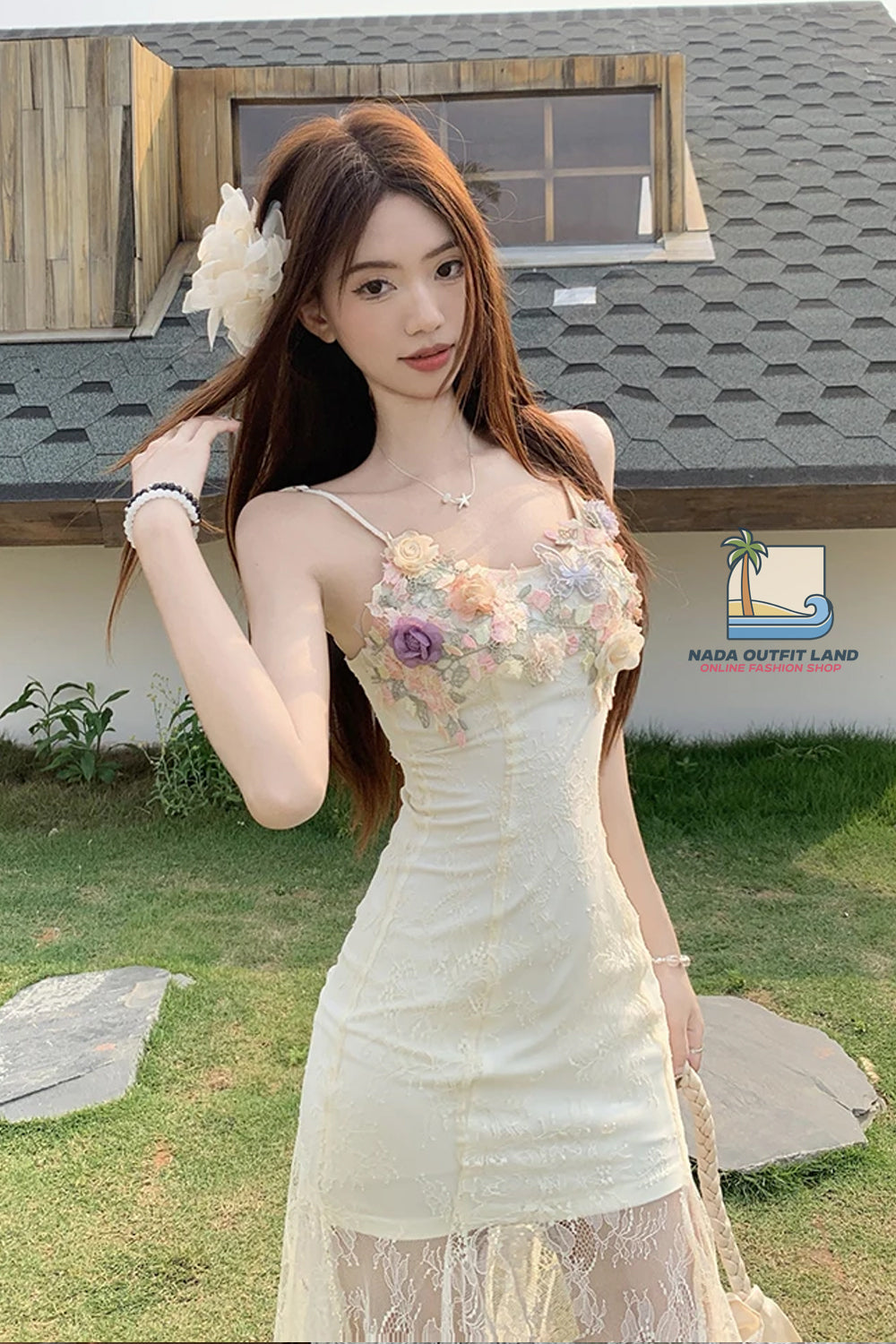 Sexy Spaghetti Strap Floral Lace Bodycon Long Dress