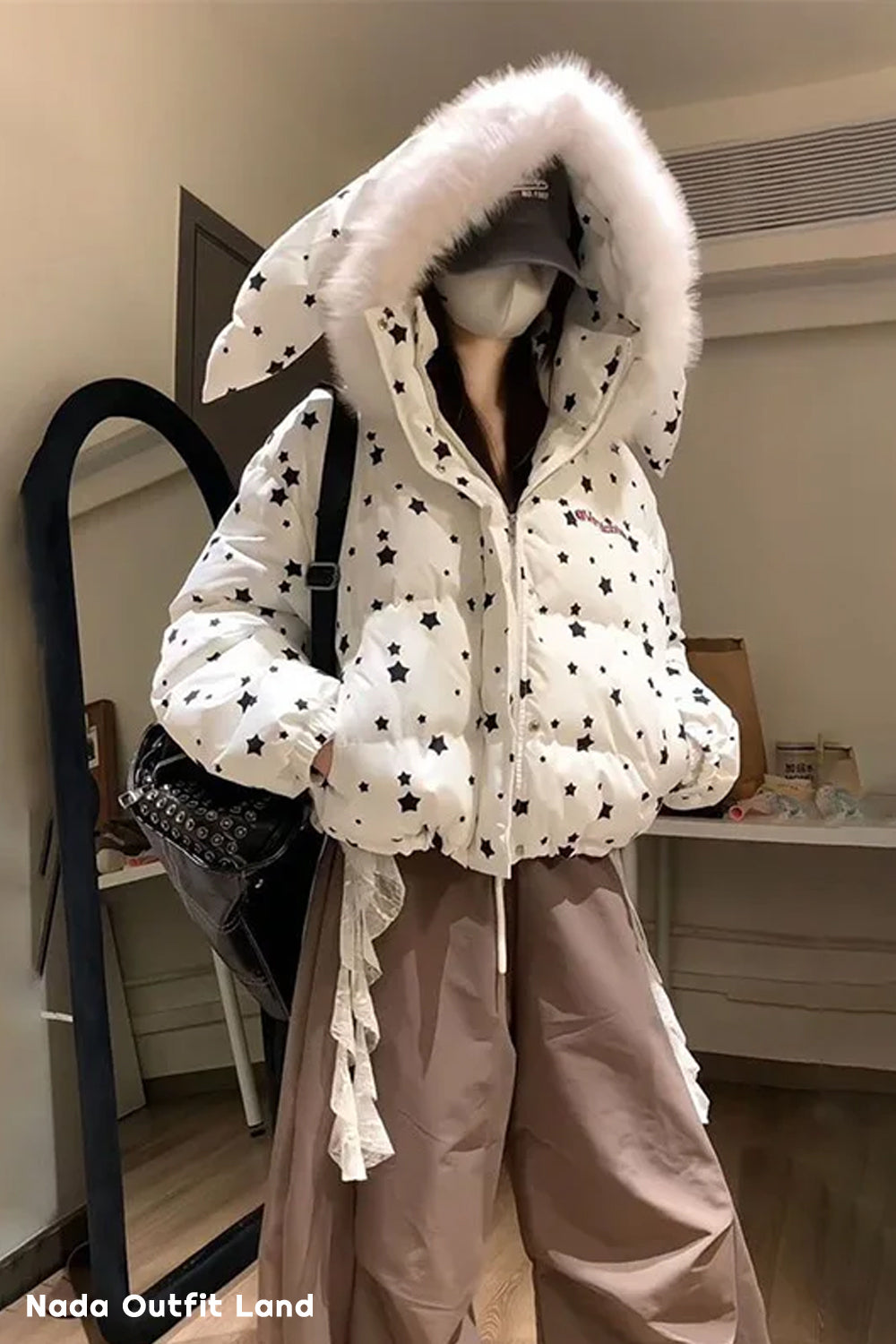 Retro Stars Pattern Cute Rabbit Ears Hooded Parkas Jacket