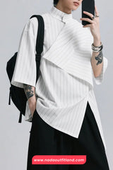 Loose Striped Three Quarter Sleeve Irregular Men Blouse Shirts