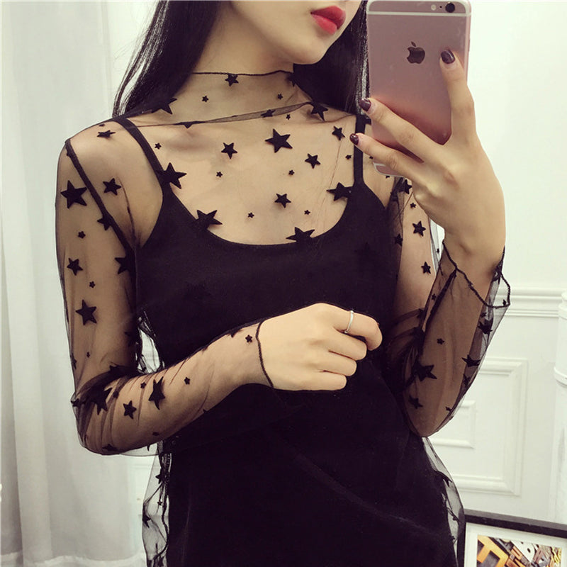 Stars Pattern See Through Transparent Shirt