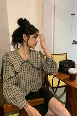 Long Sleeve Peter Pan Collar Retro Plaid Cropped Shirt