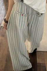 High Waist Vintage Green Striped Long Pants