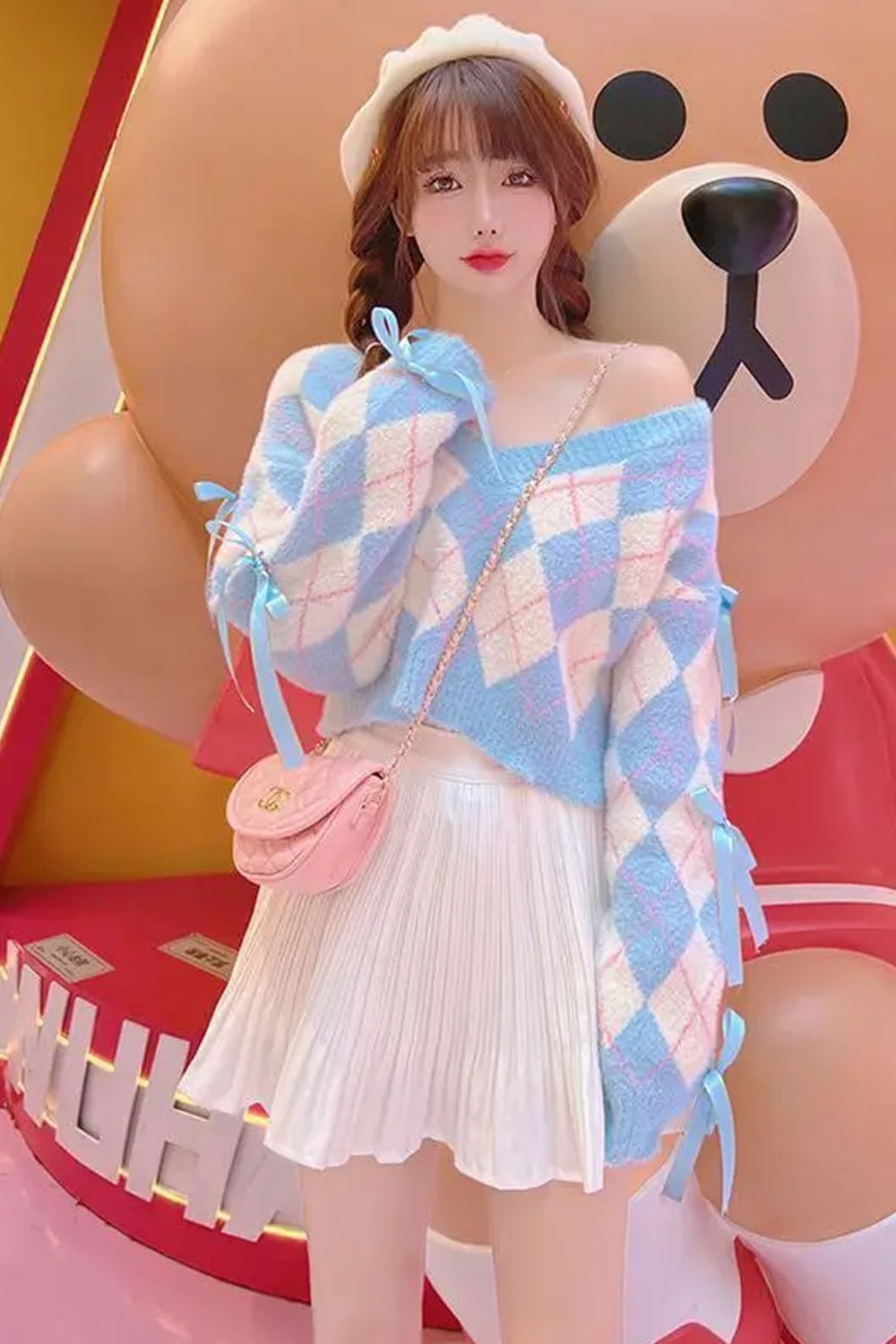 Long Sleeve Blue Argyle Pattern Cropped Bow Sweater