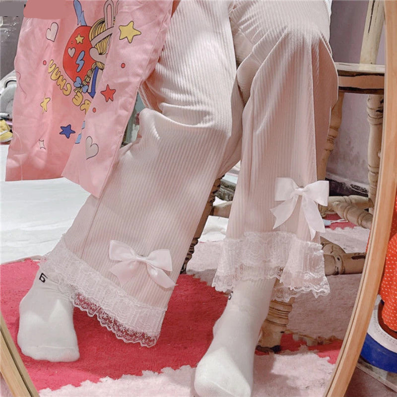 High Waist Sweet Lace Bow Corduroy Pants