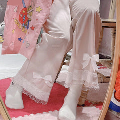 High Waist Sweet Lace Bow Corduroy Pants