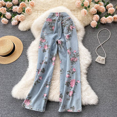 High Waist Flowers Printed Denim Jeans Pants