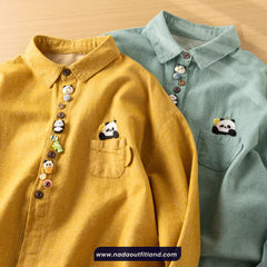 Long Sleeve Cute Panda Embroidered Button Blouse Shirt