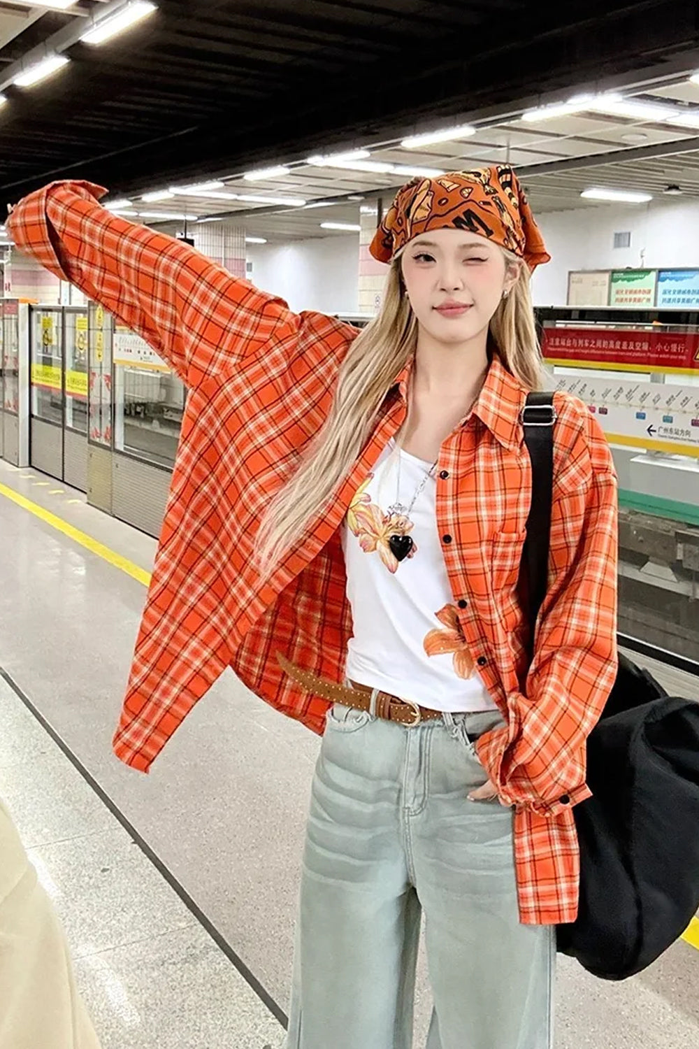 Retro Orange Plaid Blouse â€?Cozy Vintage Fall Outfit