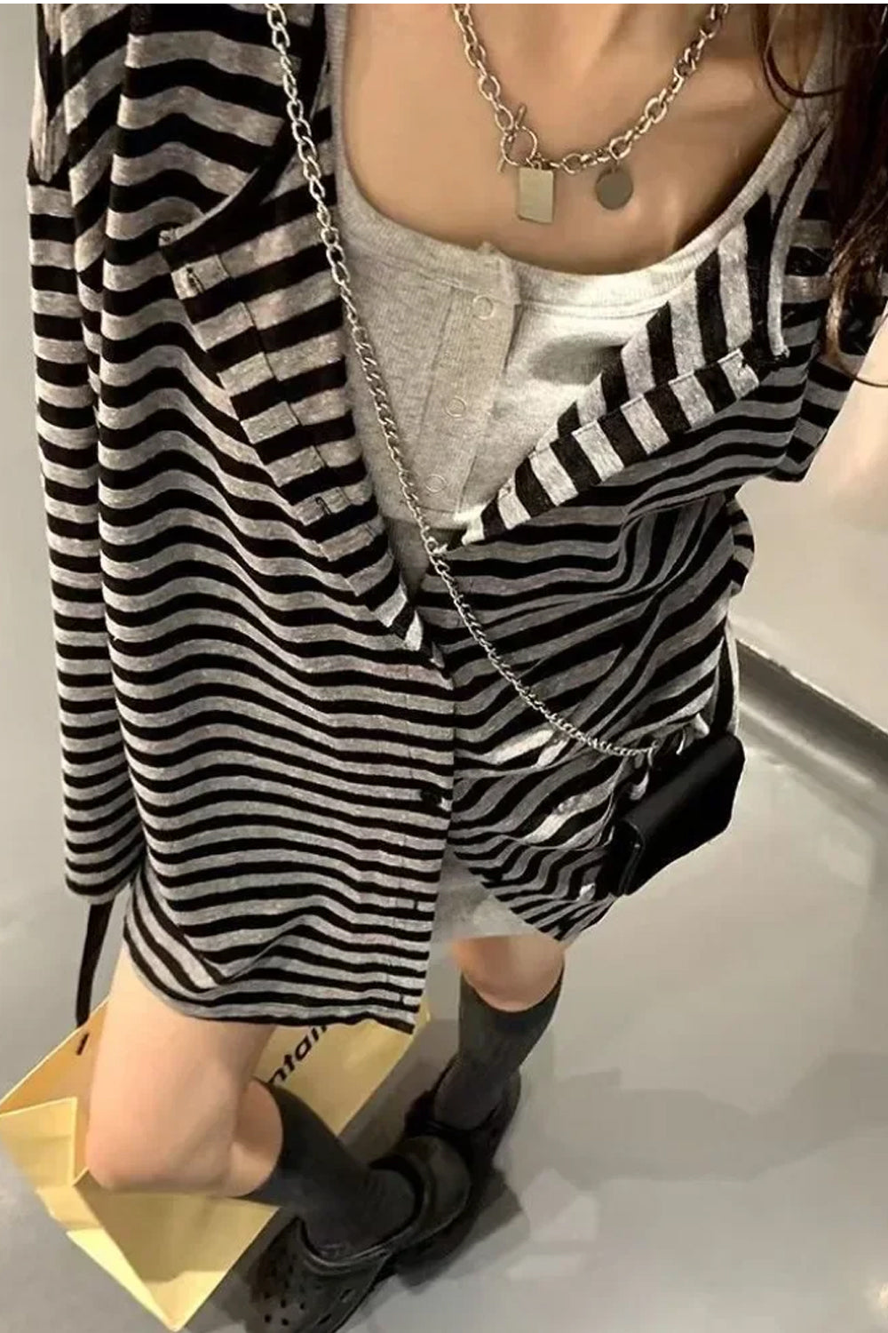 Black Striped Lightweight Cardigan Shirt â€?Minimalist Elegant Layering Piece