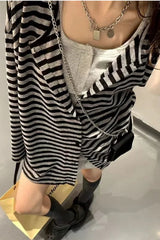 Black Striped Lightweight Cardigan Shirt â€?Minimalist Elegant Layering Piece