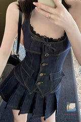 Two Piece Sleeveless Lace Vintage Denim Shirt With Pleated Mini Skirts