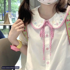 Short Sleeve Cute Doll Collar Pattern Bow Shirt