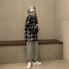 Vintage Hooded Plaid Combination Shirt