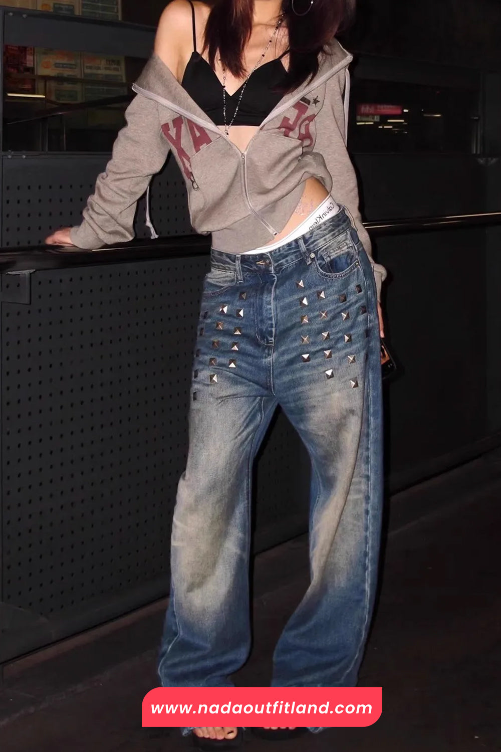 High Waist Metal Rivet Washed Jeans Pants