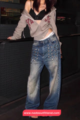 High Waist Metal Rivet Washed Jeans Pants