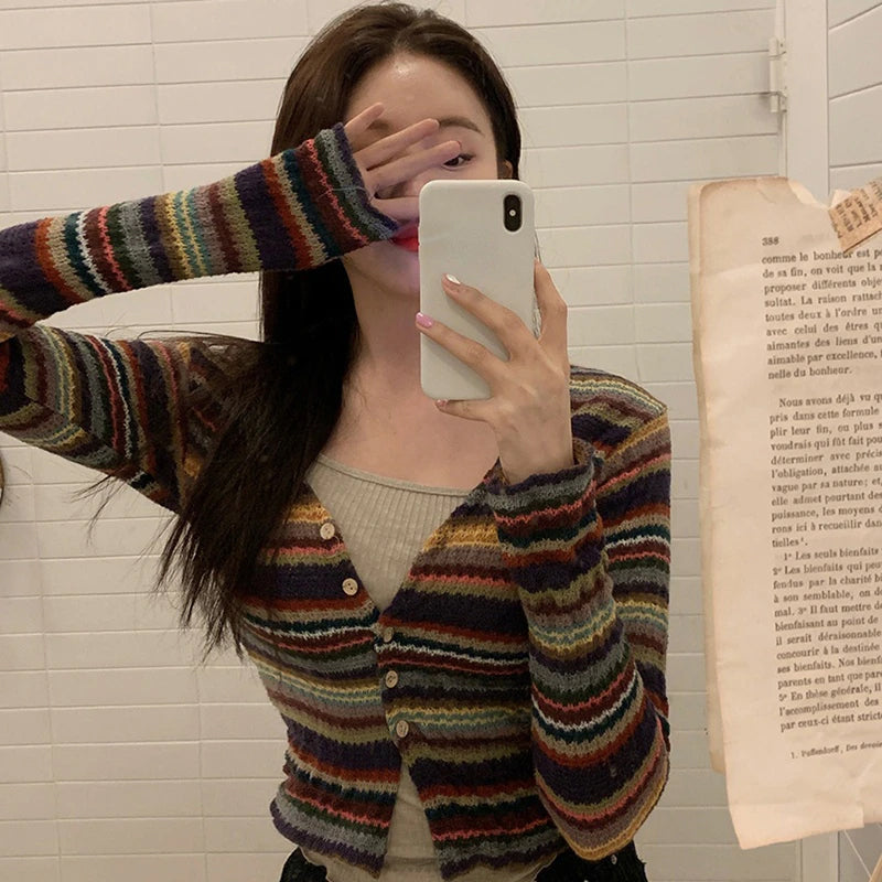 Long Sleeve V-Neck Striped Slim Sweater
