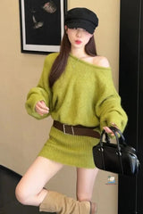 Long Sleeve Off Shoulder Knitted Belt Mini Dress