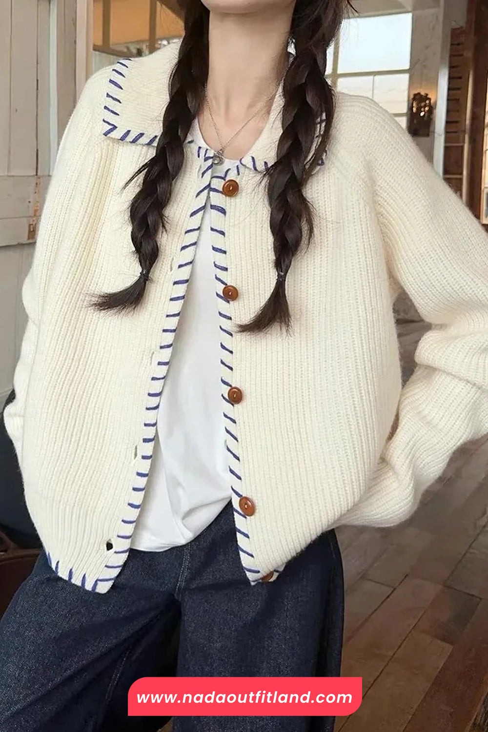 Long Sleeve Turn Down Collar Striped Cardigan Sweater
