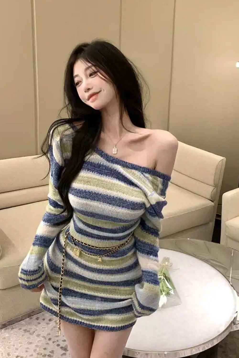 Long Sleeve Striped Knitted Backless Midi Dress