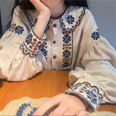 Long Sleeve Vintage Art Embroidered Blouse Shirts