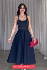 Sexy Open Back Strappy Long Denim Dress
