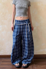High Waist Blue Plaid Wide Leg Pants â€?Vintage Cozy Everyday Style