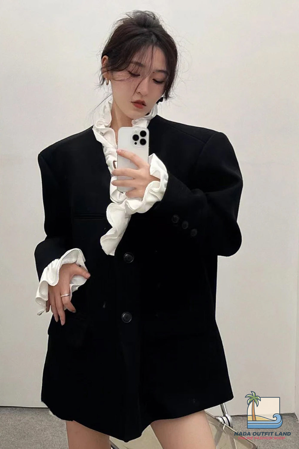 Long Sleeve Black Elegant Ruffle Patchwork Blazer Jacket