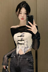 Long Sleeve Black Shawl Camis Crop Tops Set