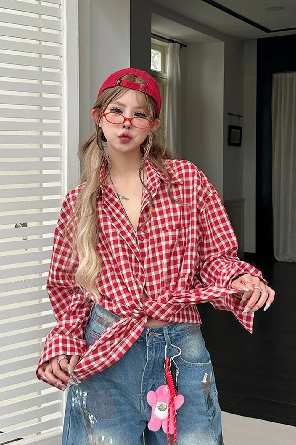 Long Sleeve Hip Hop Red Plaid Blouse Shirt