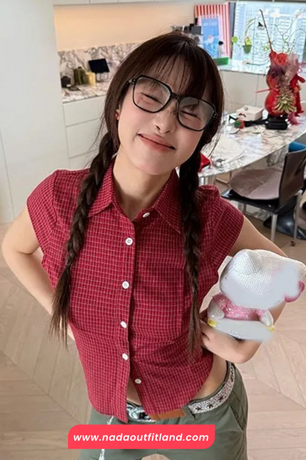 Short Sleeve Sexy Red Plaid Cropped Collar Shirt