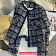 Long Sleeve Retro Elegant Plaid Tweed Jacket