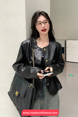 Long Sleeve O-Neck PU Leather Jacket