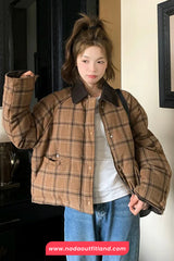Long Sleeve Turn Down Collar Retro Plaid Thick Jacket