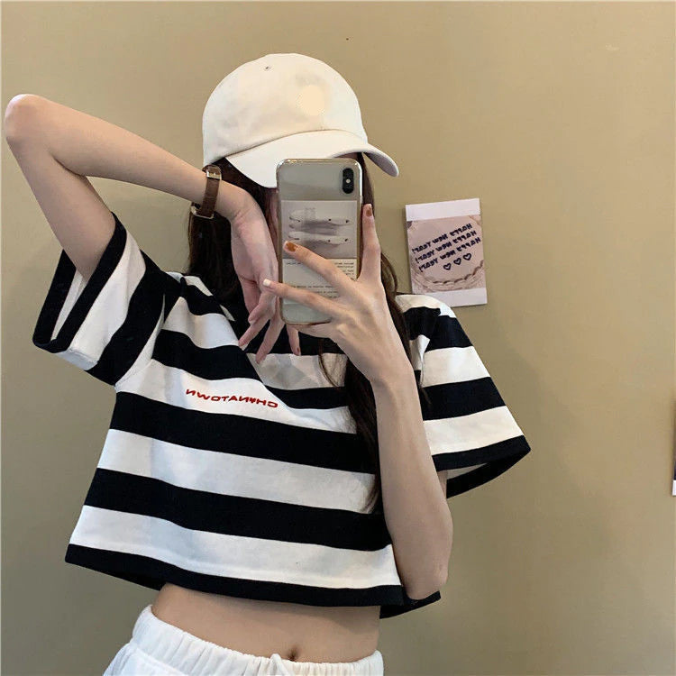 Black and White Striped Cropped Shirts