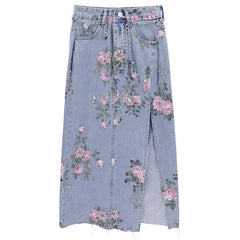 Vintage Flowers Sexy Open Long Denim Skirts
