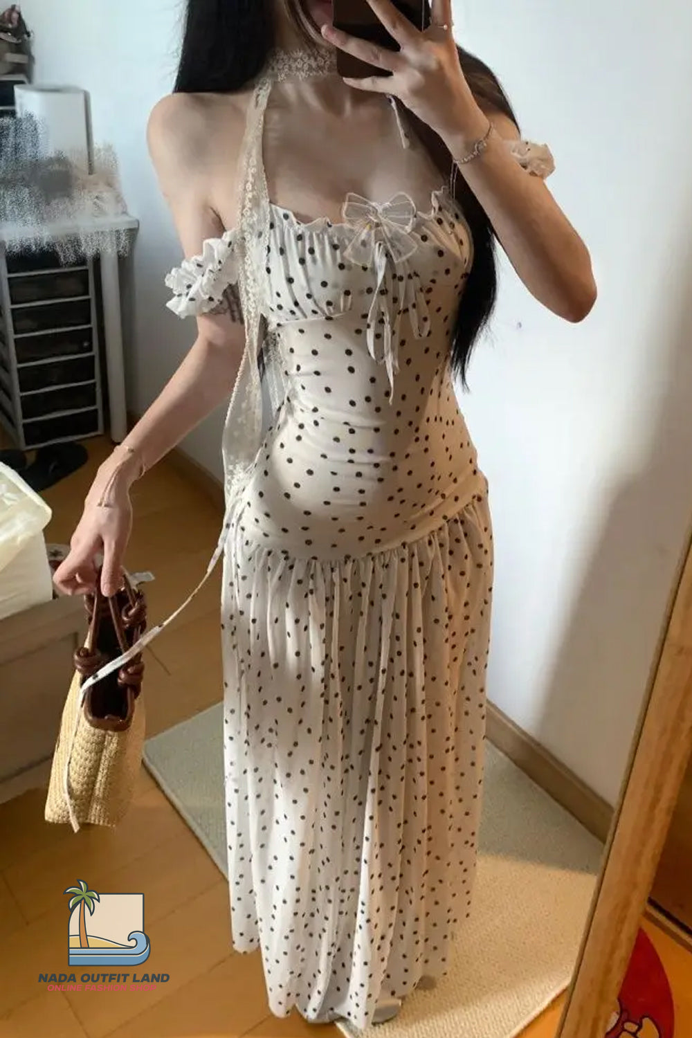 Sweet Polka Dot Pattern Slimming Design Long Dress