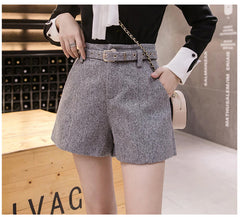 High Waist Belted A-Line Woolen Shorts