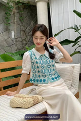 Short Sleeve Turn Down Collar Love Pattern Knitted Crochet Shirts