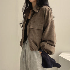 Retro Solid Cropped Corduroy Jackets