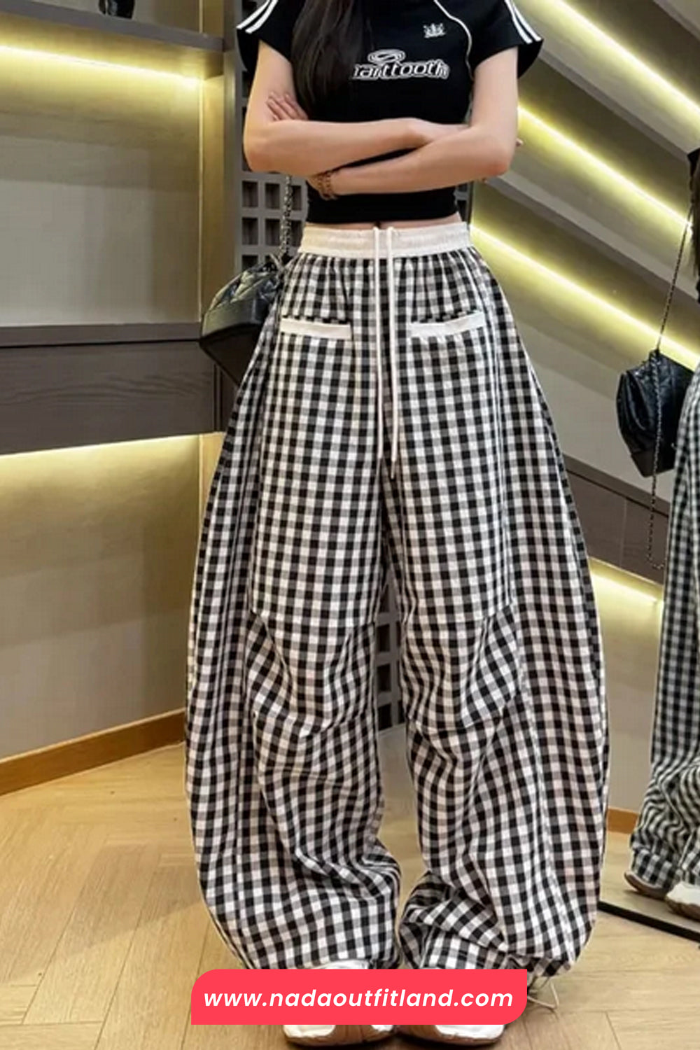 Loose Front Pockets Retro Plaid Sweatpants