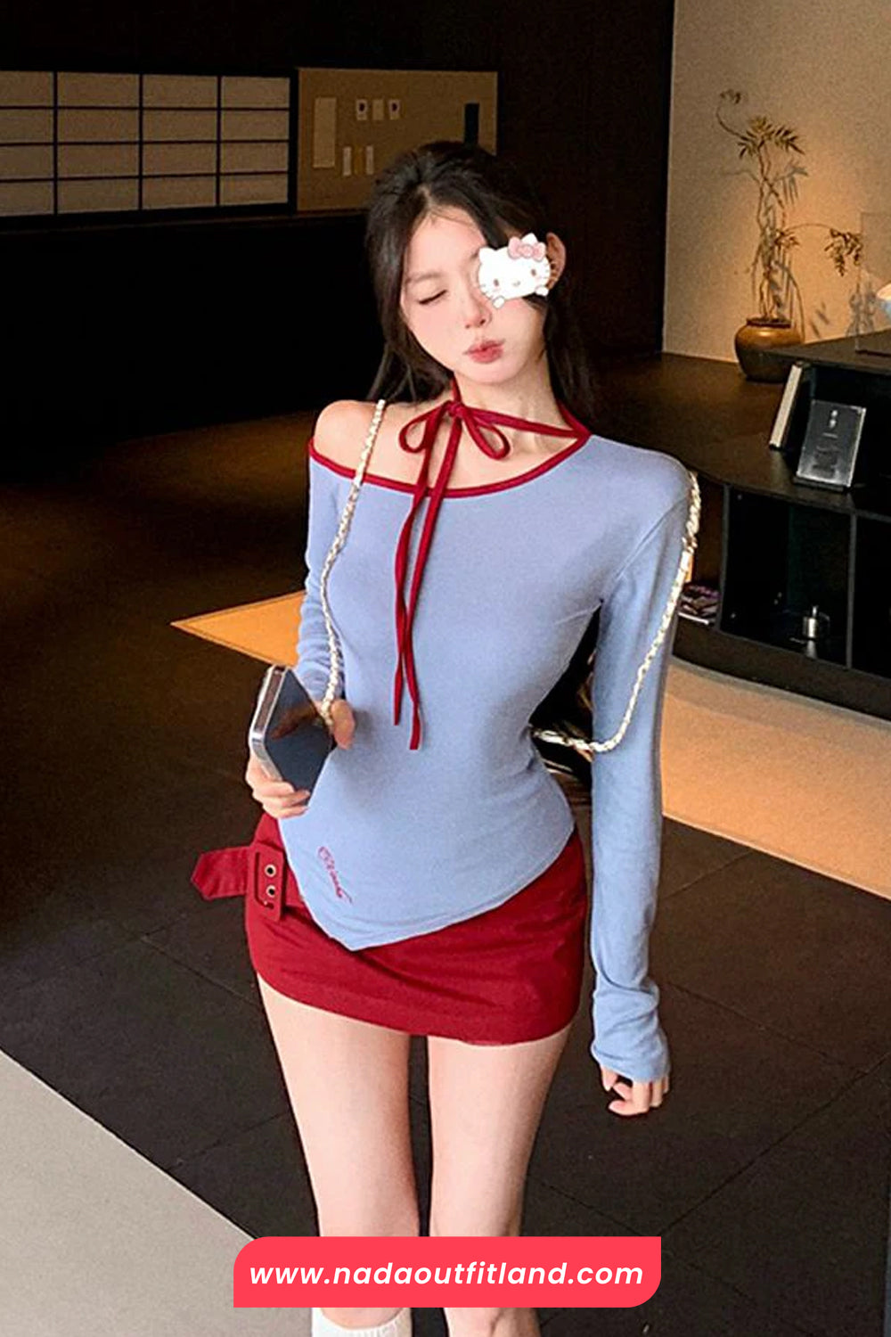Long Sleeve Sexy Skew Collar Irregular Crop Tops