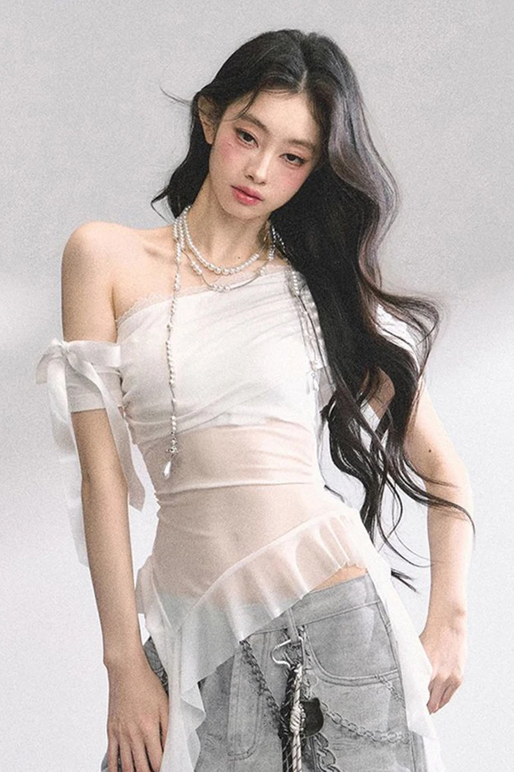 Sexy Skew Collar Mesh Transparent Irregular Shirts
