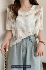 Short Sleeve O-Neck Hollow Out Summer Shirts