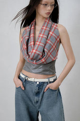 Sexy Plaid Patchwork Backless Leather Crop Tops