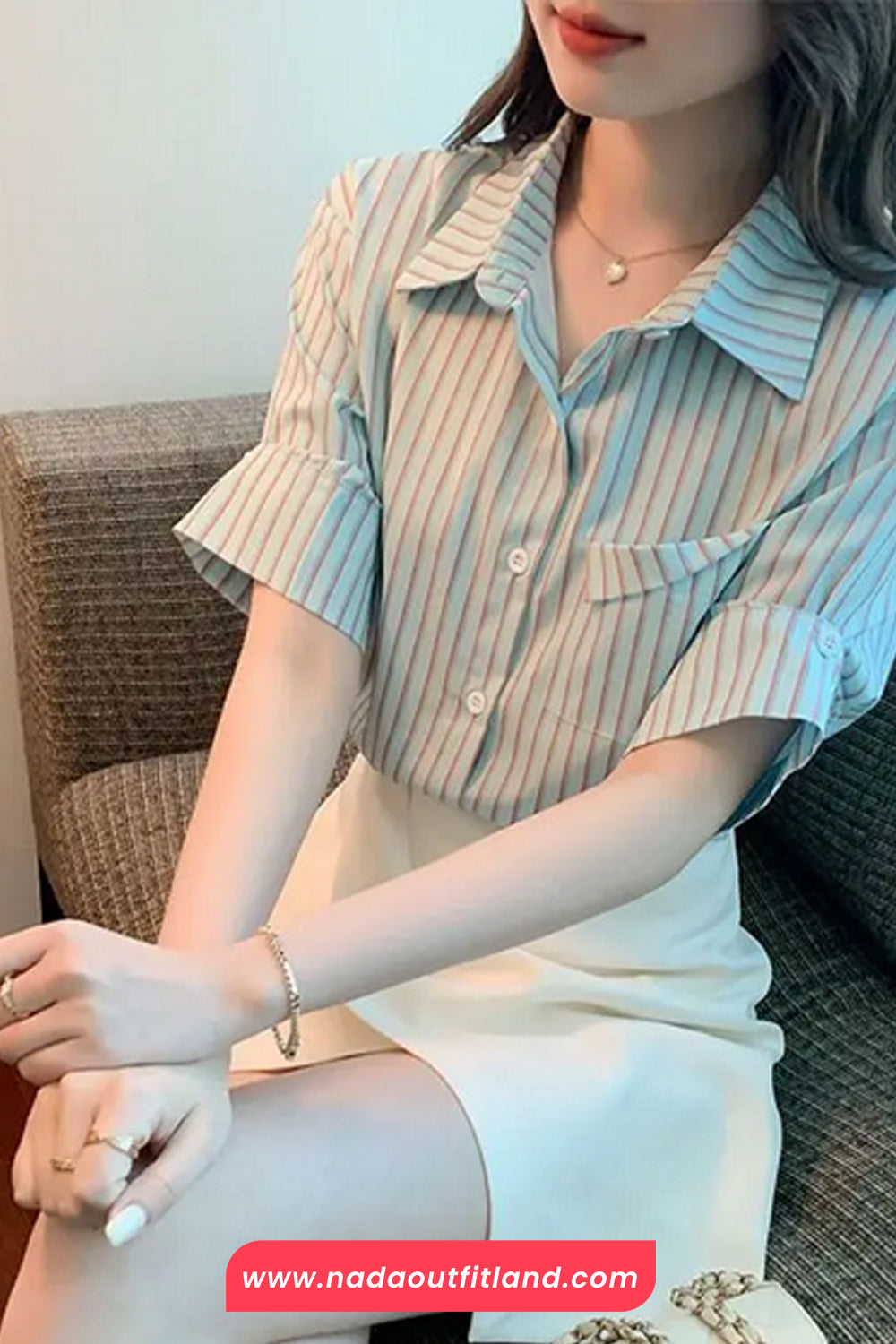Short Sleeve Striped Pattern Office Blouse Shirt
