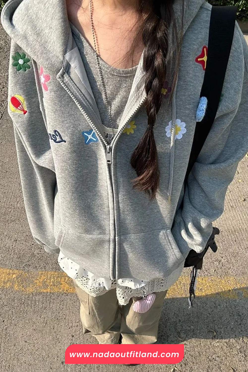 Long Sleeve 3D Floral Embroidered Hooded Zipper Sweatshirt
