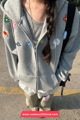 Long Sleeve 3D Floral Embroidered Hooded Zipper Sweatshirt