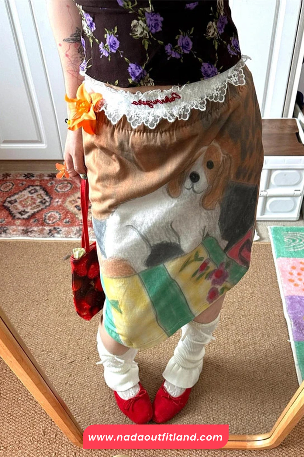 Lace Waist Cute Dog Retro Midi Skirts